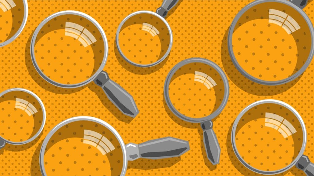 SEO explained image showing a bunch of magnifying glasses searching